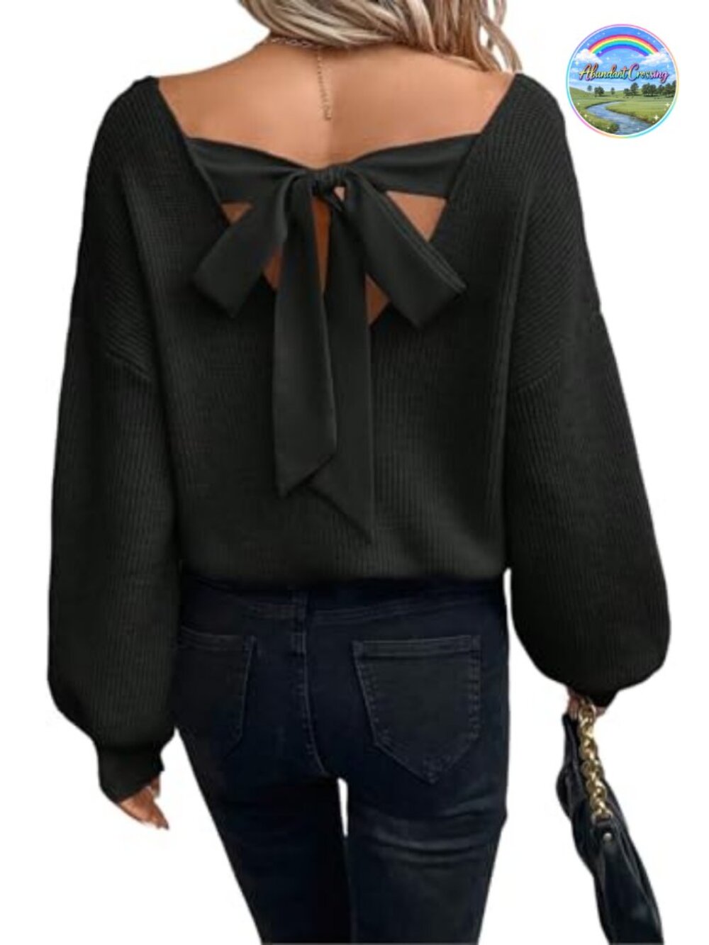 Womens Tie Back Knit Sweater V Neck Long Sleeve Waffle Knit Balloon Sleeve